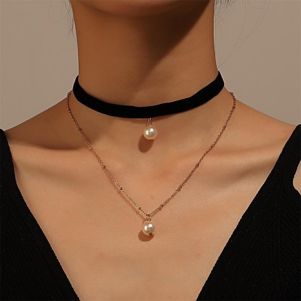 Net red simple double-layer collar retro velvet pearl choker necklace pendant clavicle chain