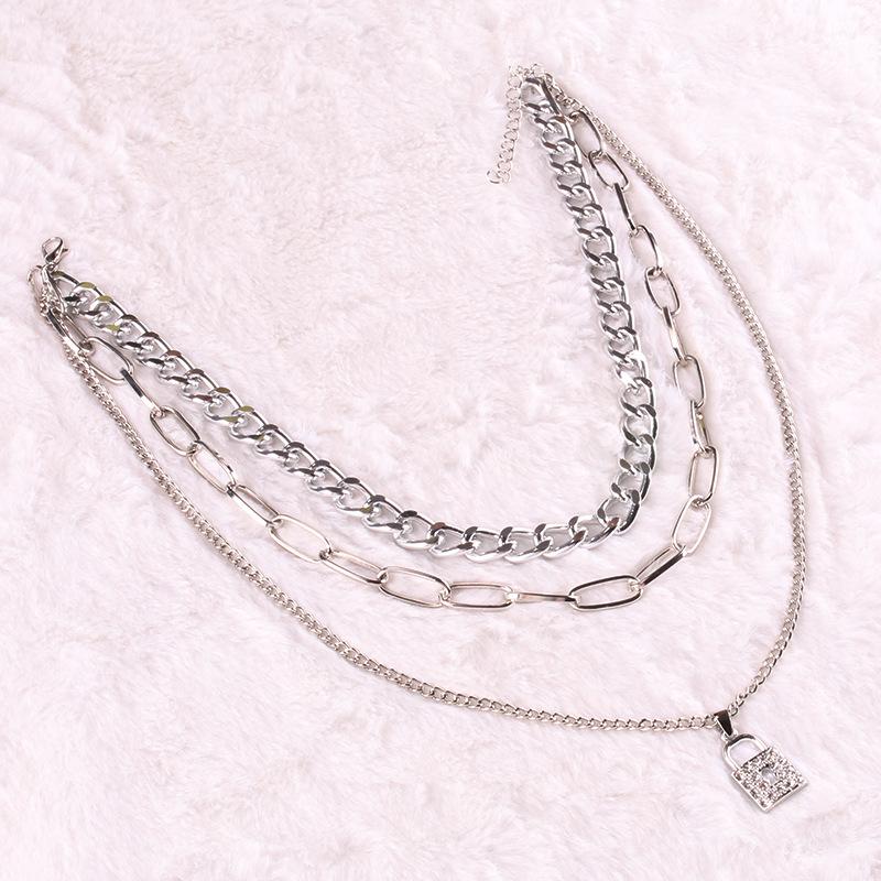 Temperamental metal layered exaggerated retro jewelry trendy temperament personality hip-hop metal lock necklace with diamonds