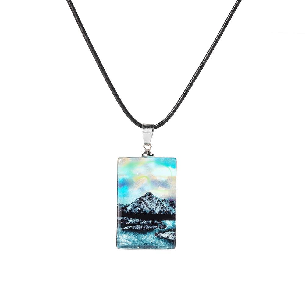 Creative Handmade Snow Mountain Lake Square Pendant Fashion Aurora Phantom Scenery Resin Wax Rope Necklace