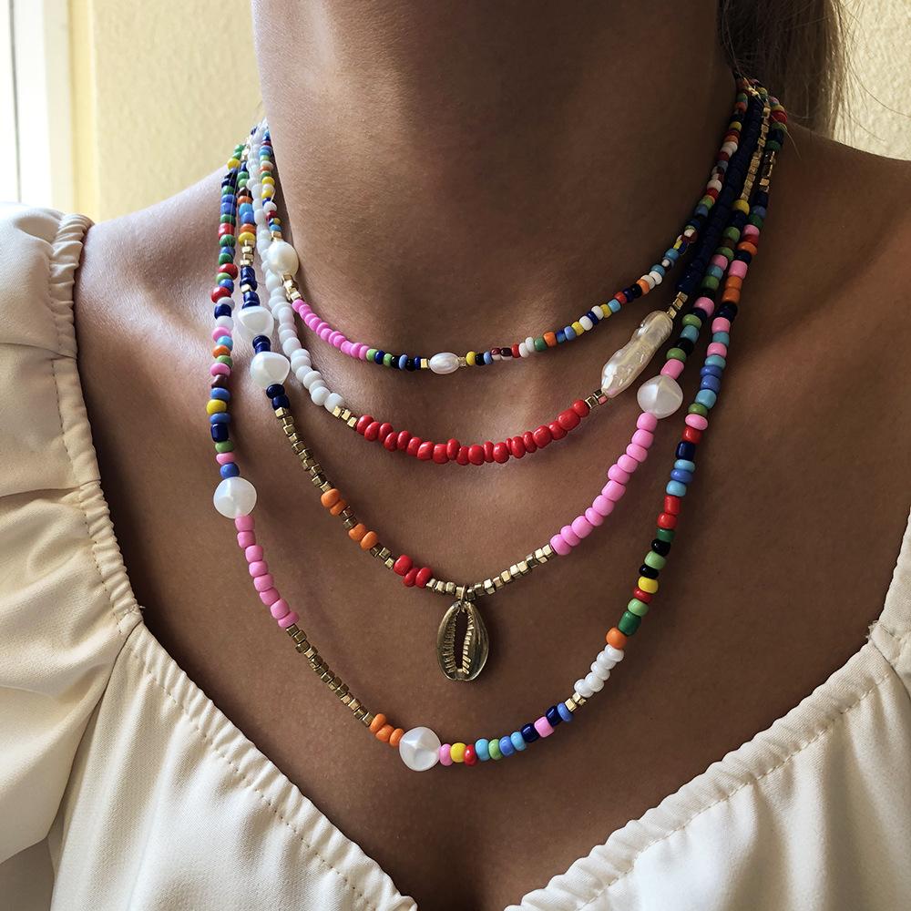 N777 Bohemia Vacation Rice Bead Necklace Female Fashion Ethnic Imitation Pearl Clavicle Chain Alloy Pendant