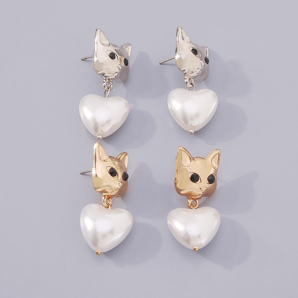 E1226 Cute Small Animal Earrings Women's Imitation Pearl Heart-Shaped Cat Small Earrings Niche Cold Earrings