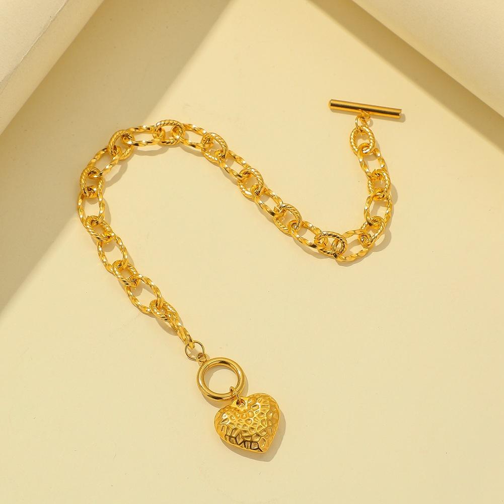 Dongdaemun Simple Stainless Steel Love Tag Bracelet Personality Hammer Pattern Peach Heart OT Buckle Trendy Hand Jewelry