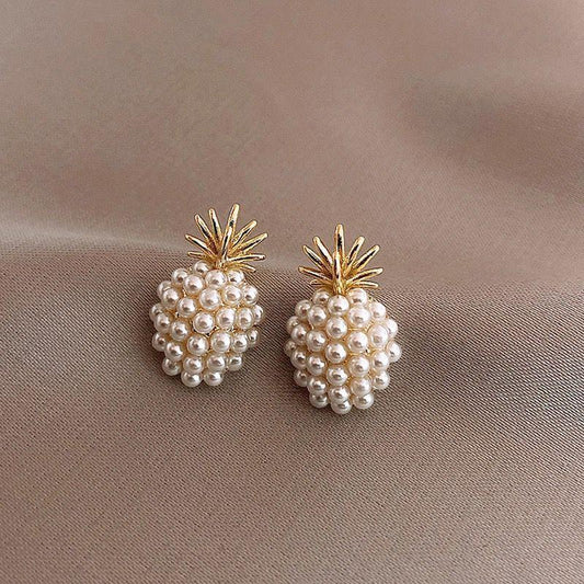 S925 Silver Pineapple Pearl Earrings French Retro High-end Earrings Net Red Temperament Women's Trendy Earrings Silver Needles