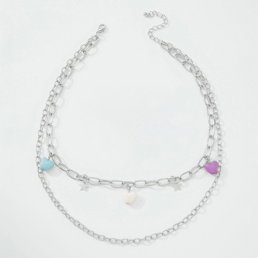 N9513 Personality Simple Double Layer Necklace Pentagram Resin Heart Necklace Geometric Sweet Cool Necklace for Women