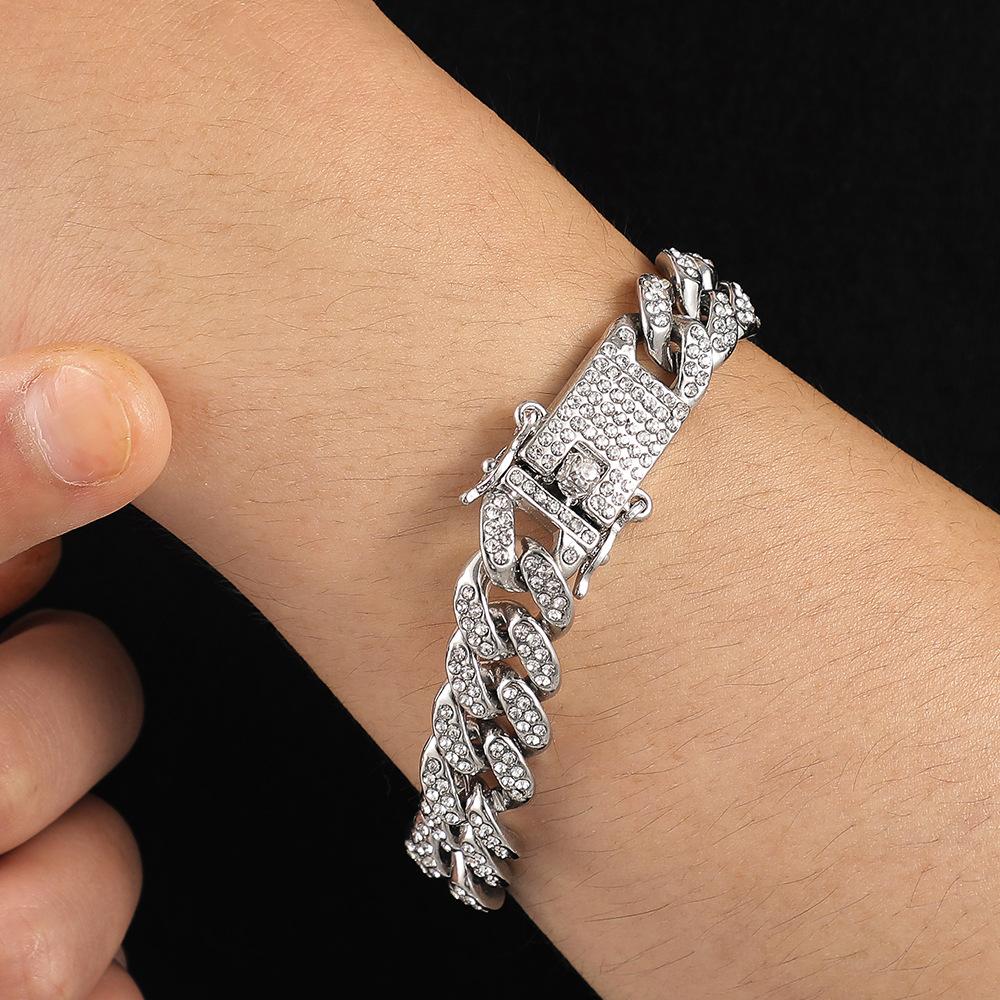 Hip-hop trend full of diamonds Cuban chain men's bracelet exaggerated personality Cuban chain necklace jewelry male