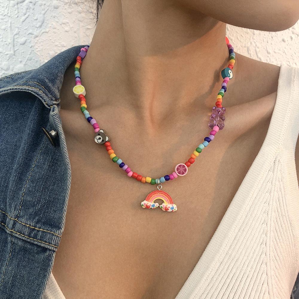 N9147 Colorful Rice Bead Necklace Soft Pottery Bear Cartoon Necklace Cute Rainbow Pendant Clavicle Chain Female