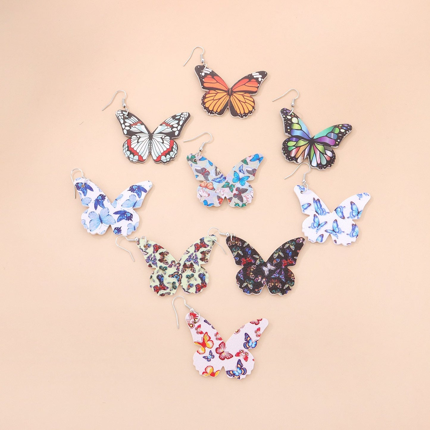Jewelry double-sided printing butterfly leather earrings women's fashion ear hook combination earrings