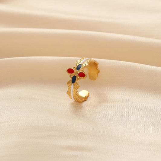 Retro Dazzling Color Ladies Stainless Steel Opening Adjustable Four Leaf Flower Oil Drop Ring
