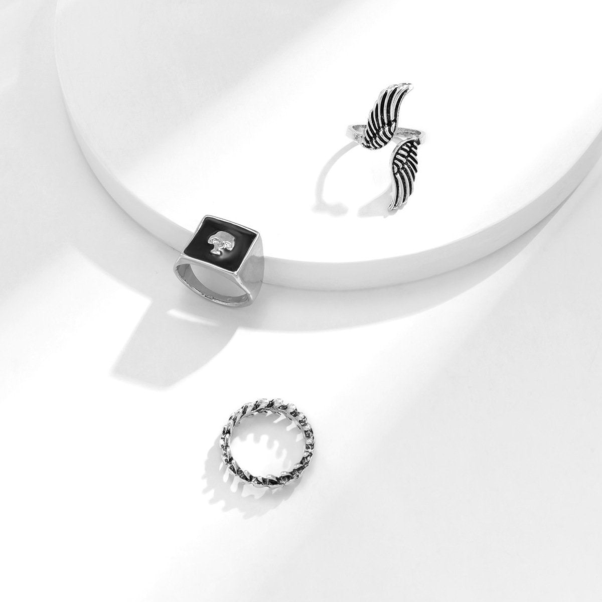 Retro three-piece set opening adjustable angel wings ring dripping oil square ring personality simple hipster ring