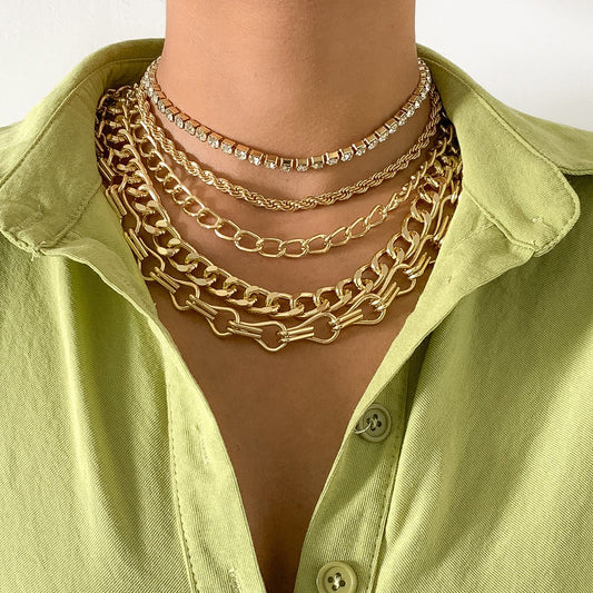 Jewelry Hip Hop Metal Hollow Chain Set Necklace Punk Claw Chain Rhinestone Twist Chain Necklace