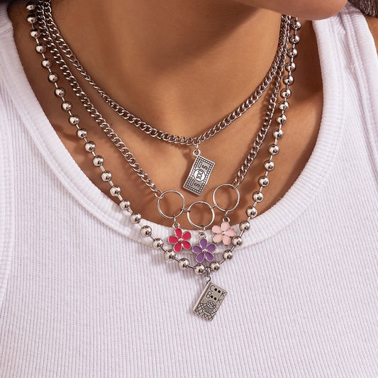 Jewelry sweet cool drop oil flower pendant necklace hip-hop metal ball chain tag necklace