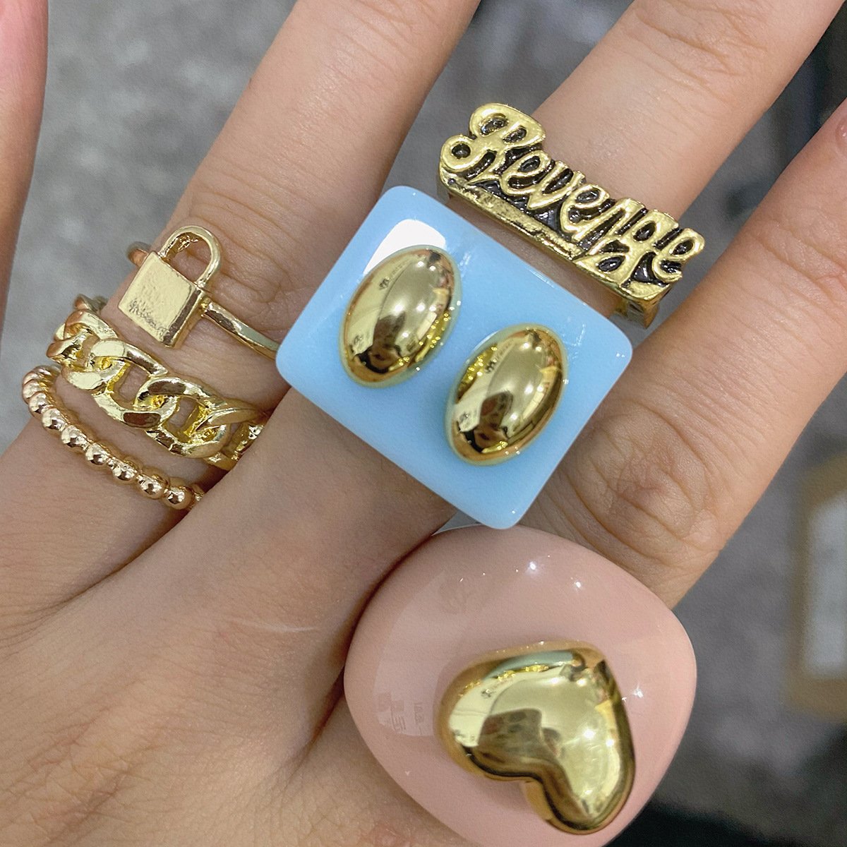 Mix and match lock-shaped peach heart letters multi-element ring set macaron color acrylic stacked rings for women