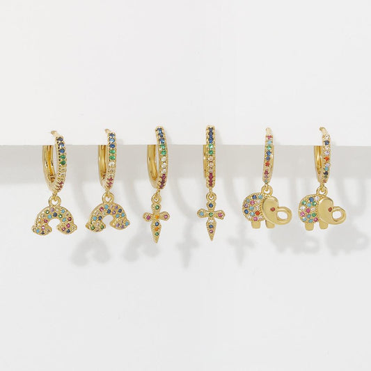 ZE7 Simple Earrings Cute Funny Cross Rainbow Elephant Earrings Copper Zircon Geometric Earrings