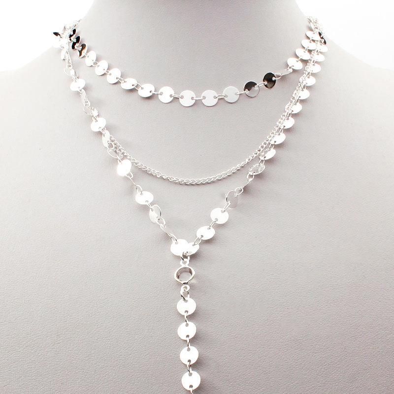 Jewelry Handmade Sequin Chain Necklace Disc Rhinestone Tassel Pendant Multilayer Clavicle Chain