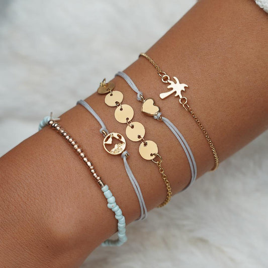 Pop Map Love Coconut Tree Geometric Circle Bracelet Simple Beaded String Bracelet Set of Five