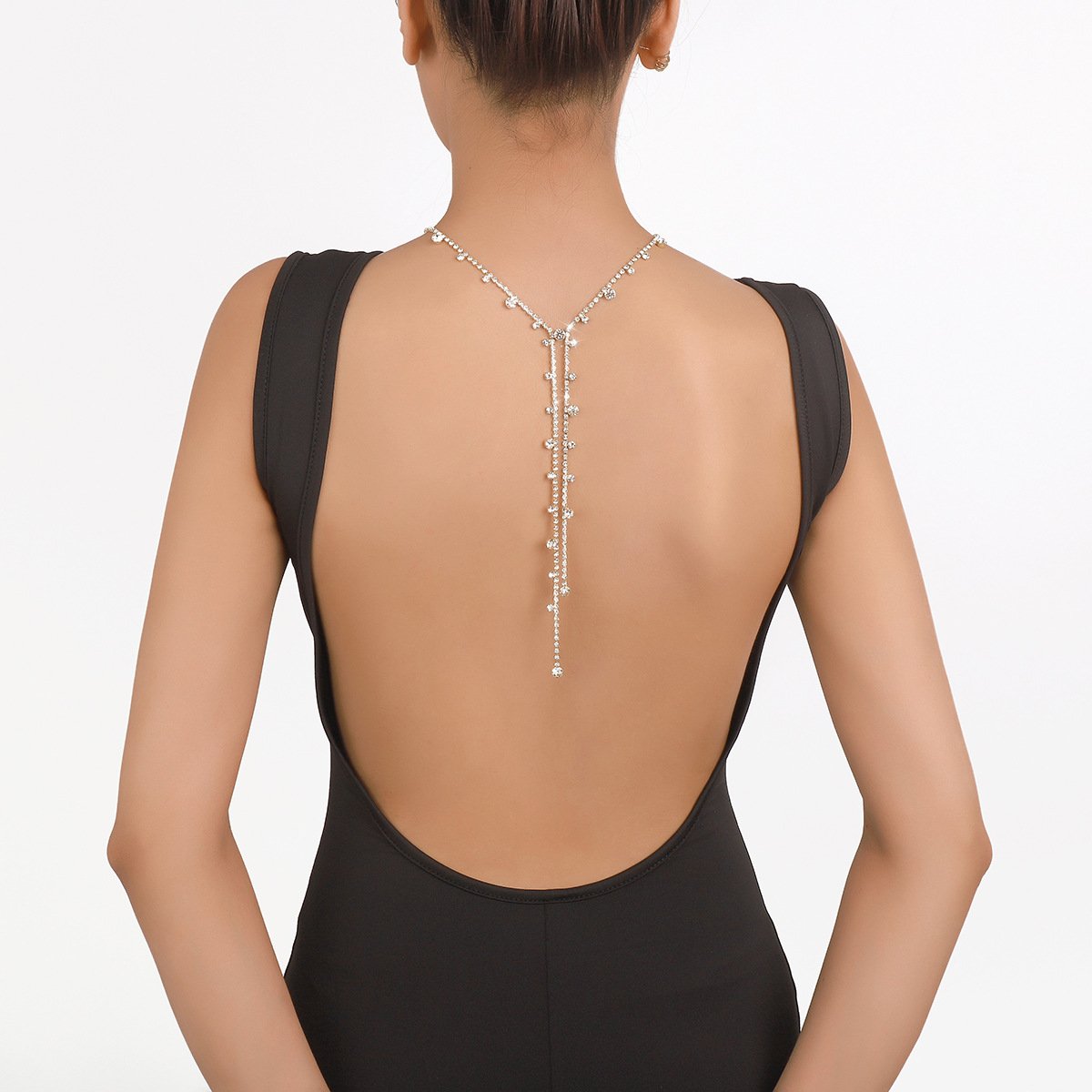 1559 Sexy Personality Long Rhinestone Tassel Necklace Simple Temperament Night Style Fashionable Retro Back Chain