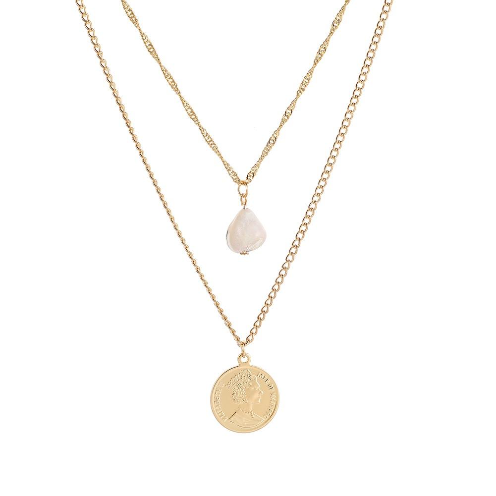 INS jewelry temperament simple freshwater pearl retro metal coin pendant fashion double layer necklace