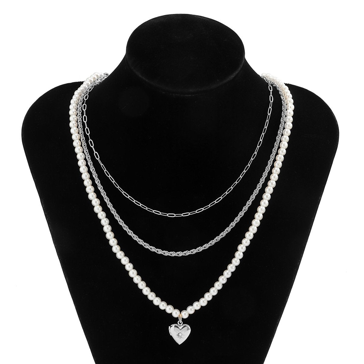 Jewelry Temperament Retro Diamond Heart Pearl Necklace Hip Hop Metal Geometric Clavicle Necklace
