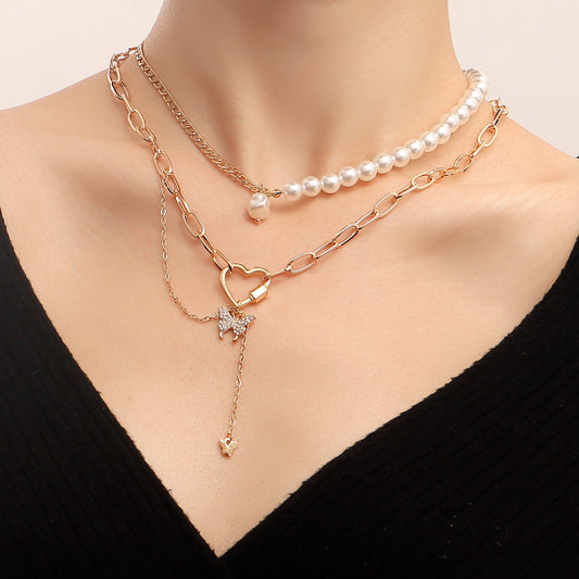 Pastoral Retro Geometric Love Butterfly Combination Necklace French Elegant Imitation Pearl Beaded Chain Necklace