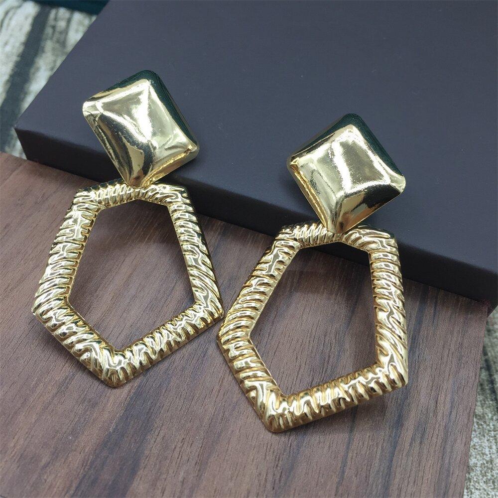 Textured hexagonal shaped ring earrings diamond-shaped bread earrings exaggerated earrings