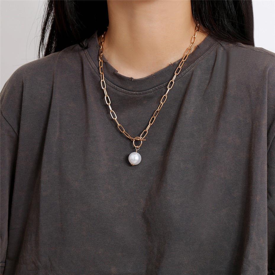 Jewelry Retro Metal Chain OT Buckle Imitation Pearl Pendant Necklace Female Creative Necklace Jewelry