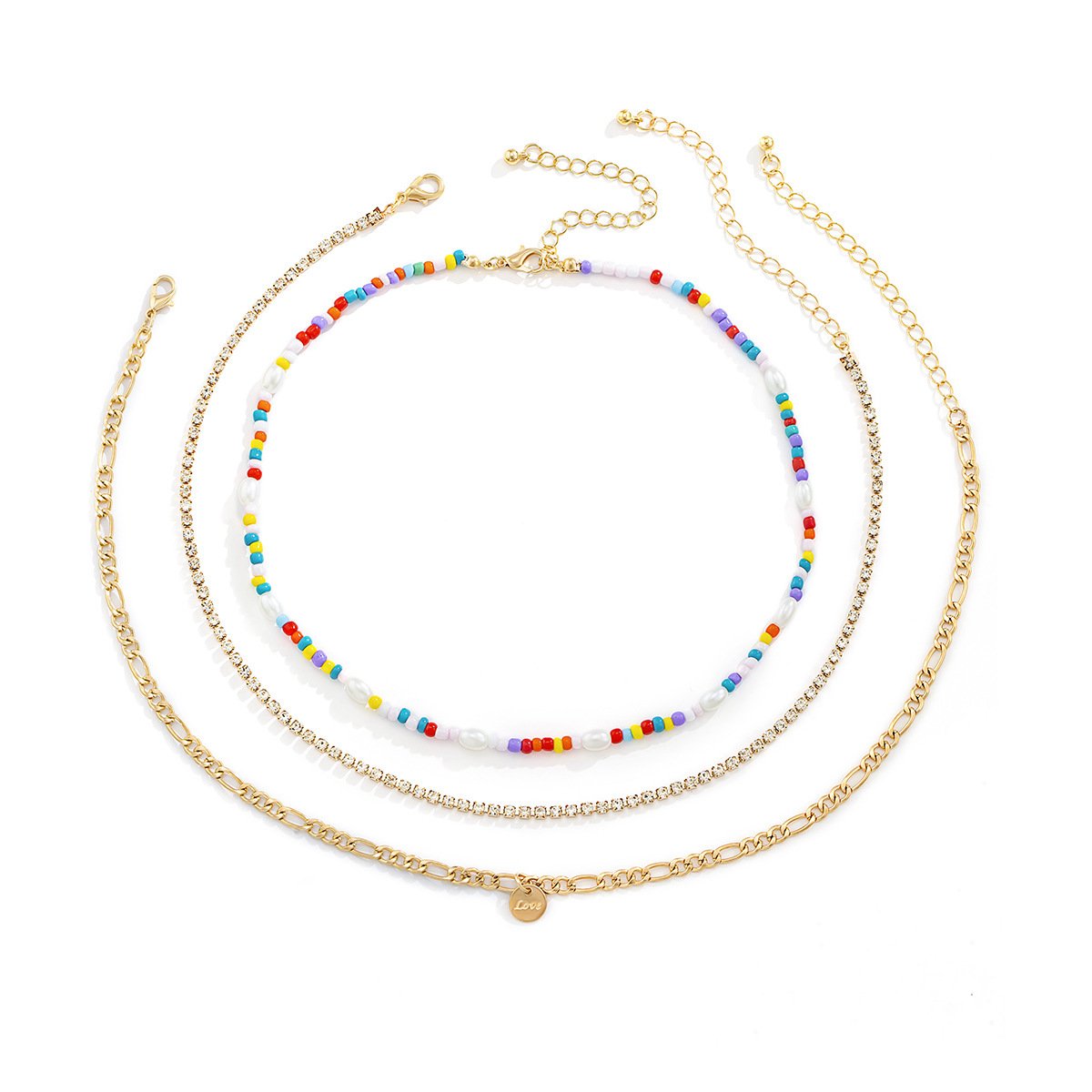 Jewelry Claw Chain Metal Alphabet Sequin Necklace Ethnic Color Rice Beads Imitation Pearl Multilayer Necklace