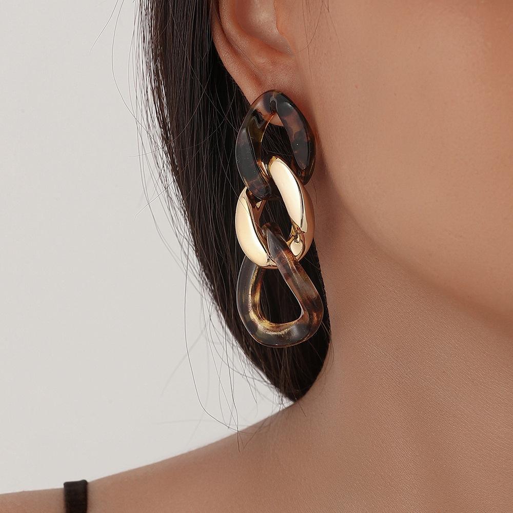 Trendy punk exaggerated leopard print acrylic chain long earrings temperament elegant personality twist earrings