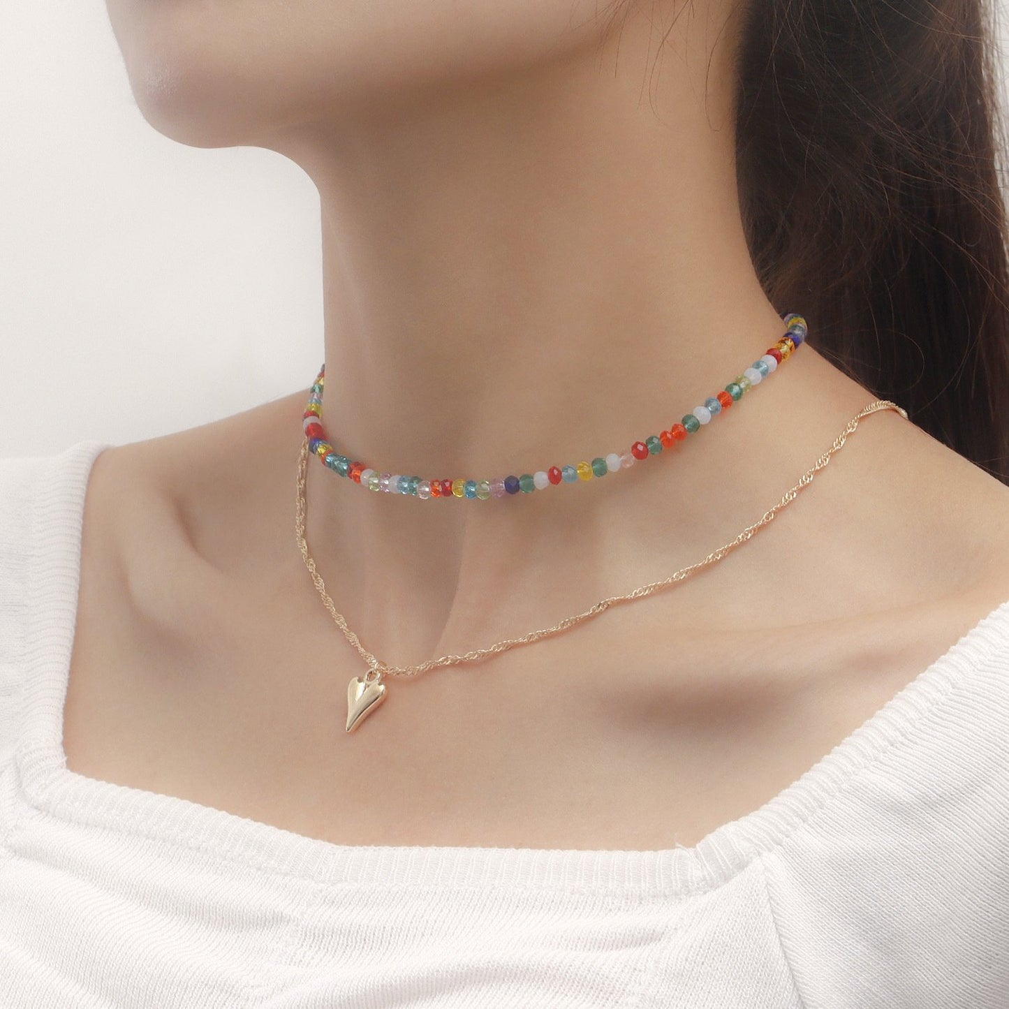 Jewelry y2k colorful transparent crystal beads love double-layer necklace female collarbone chain cold necklace