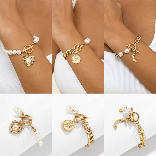 Jewelry Simple Pearl Peach Heart Moon Jewelry Female Retro Metal Queen Head Tag Bracelet