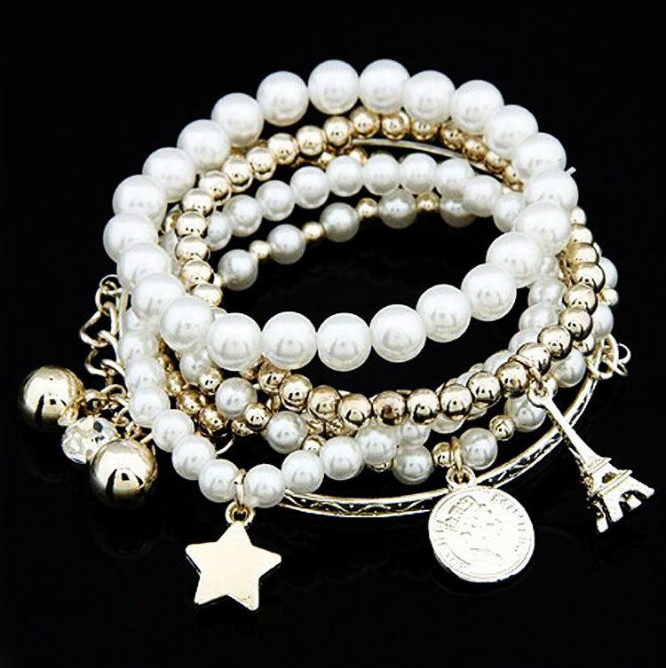 Multi-element Eiffel Tower Pearl Retro Bracelet Coin Six-piece Set Jewelry Multi-layer Elastic Bracelet