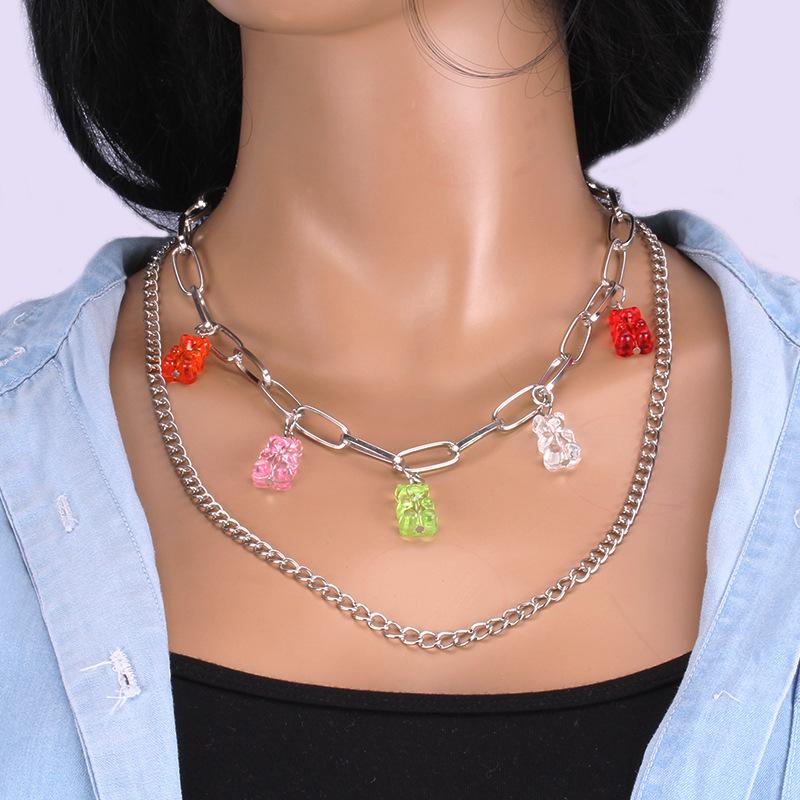 Candy-colored acrylic bear necklace street shooting hip-hop necklace trend youth multi-layer necklace