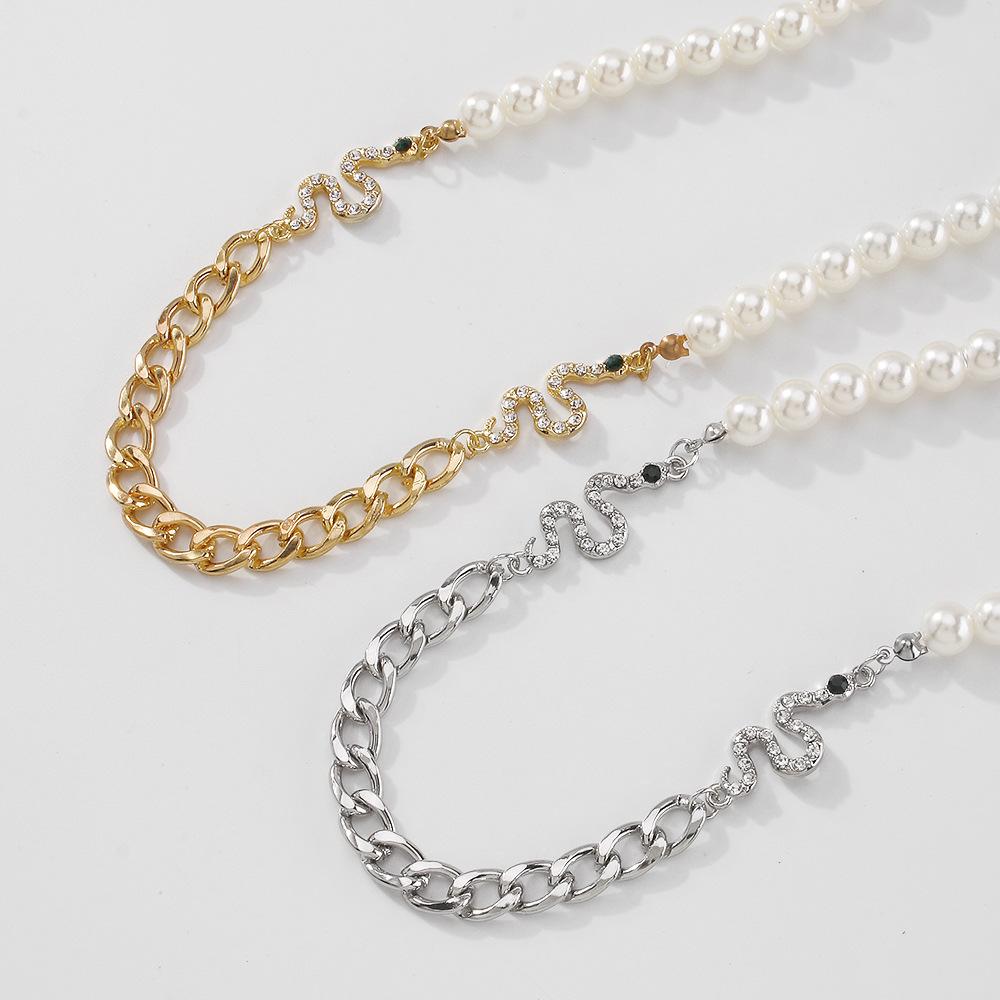 N9426 Jewelry Chain Pearl Stitching Fashion Necklace Exaggerated Snake Shape Micro-inlaid Cold Necklace
