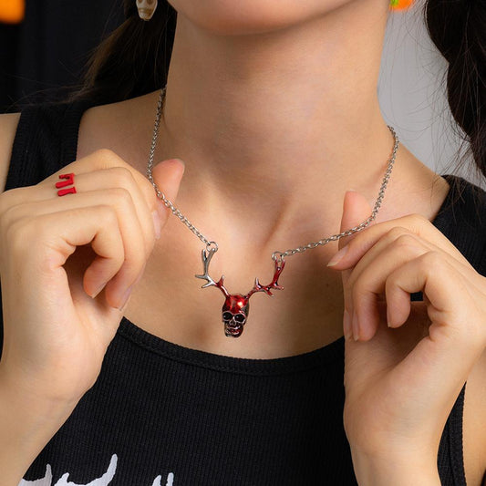 Jewelry Personality Retro Halloween Antlers Skull Necklace Punk Single Layer Pendant Necklace Female