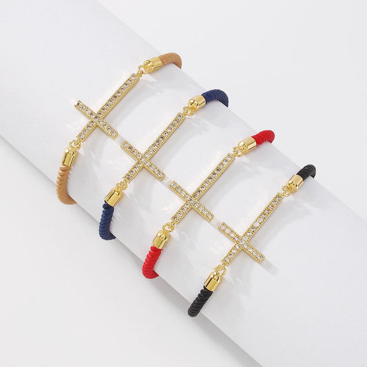 ZB4 Zircon Simple Bracelet Cross Copper-plated Fashion Trendy Jewelry Adjustable Design Hand Strap