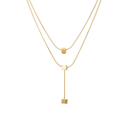 Double-layer small square necklace female small golden ball double-layer hip-hop tassel necklace sweet cool niche light luxury clavicle chain