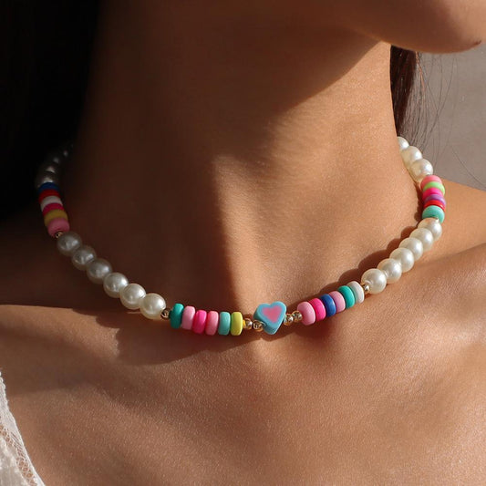 N9966 Bohemian Ethnic Necklace Imitation Pearl Soft Pottery Colorful Necklace Leisure Vacation Pendant