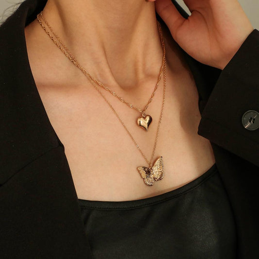 Love Butterfly Hanging Clavicle Pendant Simple Peach Heart Shaped Fashion Metal Double Layer Necklace Jewelry