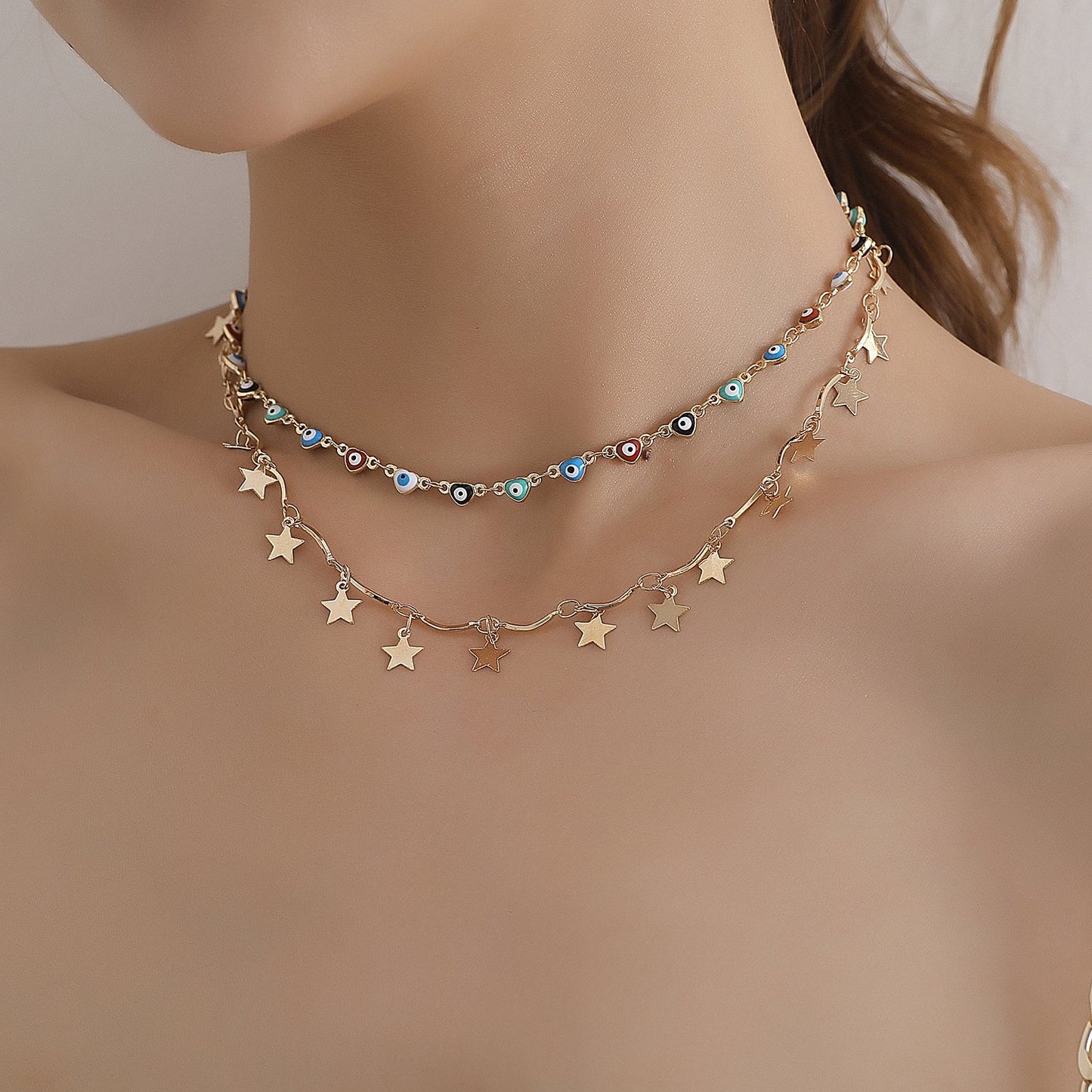 Jewelry Handmade Fashion Devil's Eye Necklace Female Simple Double-layer Pentagonal Star Pendant Necklace
