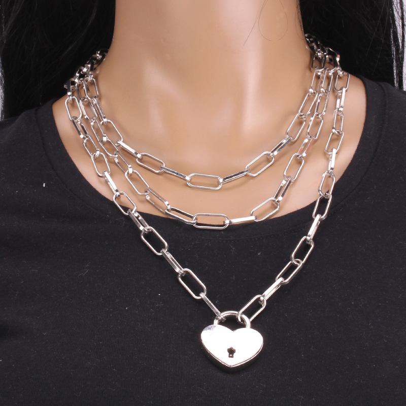 Alloy padlock necklace female ins cold fashion niche design clavicle chain temperament net red multi-layer necklace