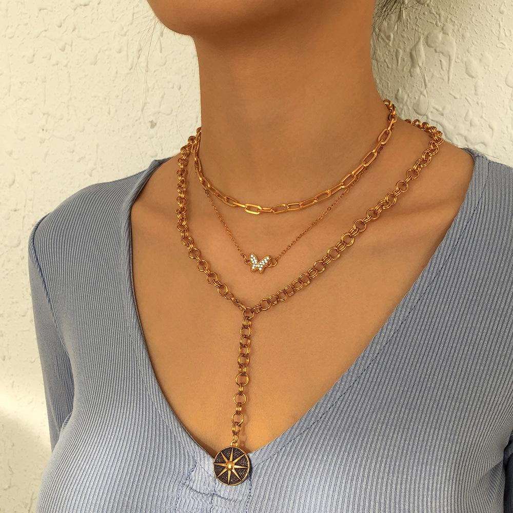 N8872 Multi-layered Necklace Octagram Butterfly Micro-inlaid Necklace Retro Exaggerated Chain Personality Necklace
