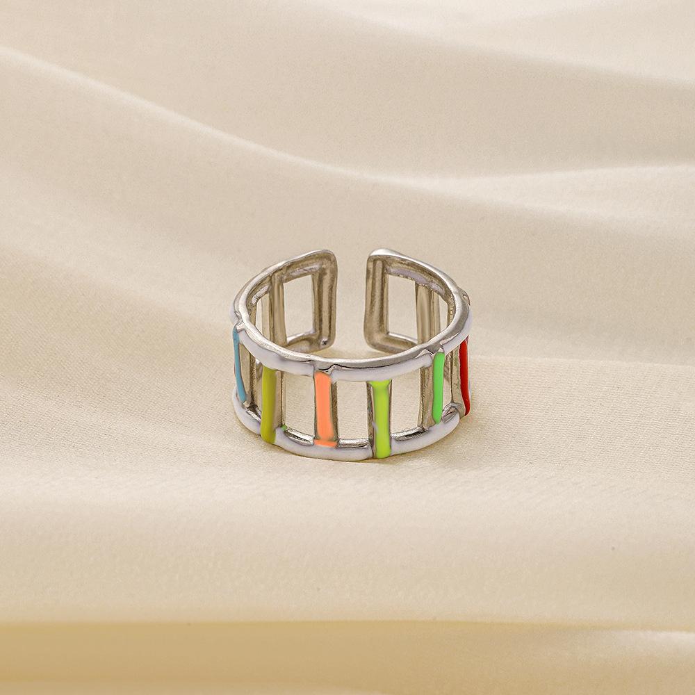 Fashionable high-level cold ins stainless steel opening color drop oil simple line ring