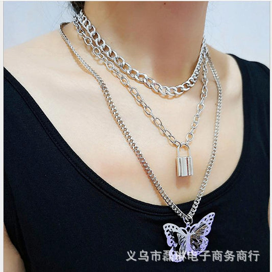 Jewelry Retro Temperament Geometric Three-dimensional Necklace Women's Creative Hollow Butterfly Mix and Match Lock Necklace