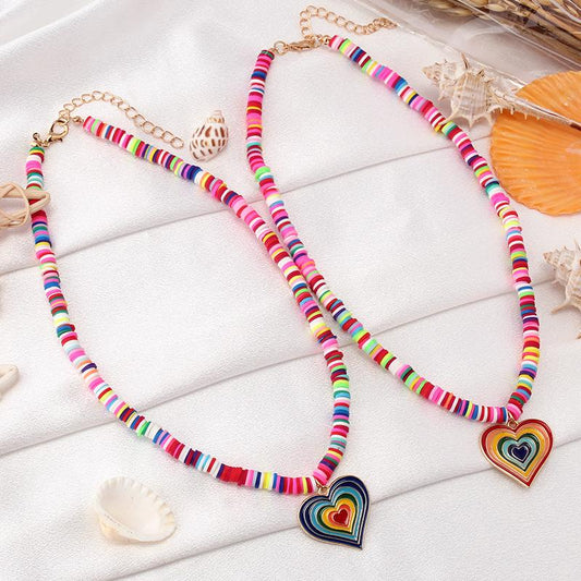 Niche design sense rainbow color soft pottery beaded gradient color large love necklace female simple all-match necklace
