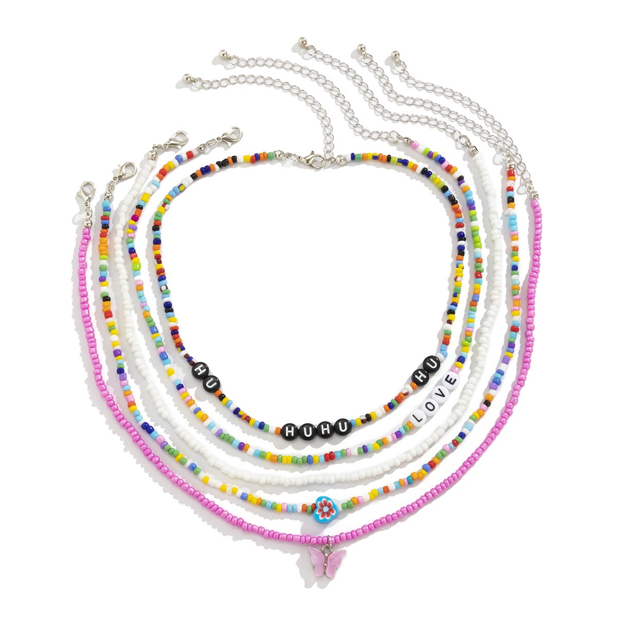 Jewelry mix-and-match butterfly multi-layer tassel rice bead necklace female contrast color pastoral letter flower necklace