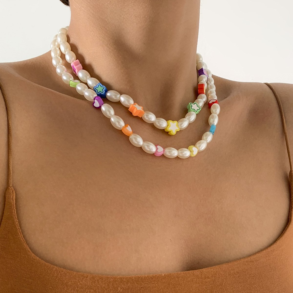 Jewelry Temperament Simple Imitation Pearl Clavicle Necklace Retro Color Peach Heart Star Clavicle Necklace