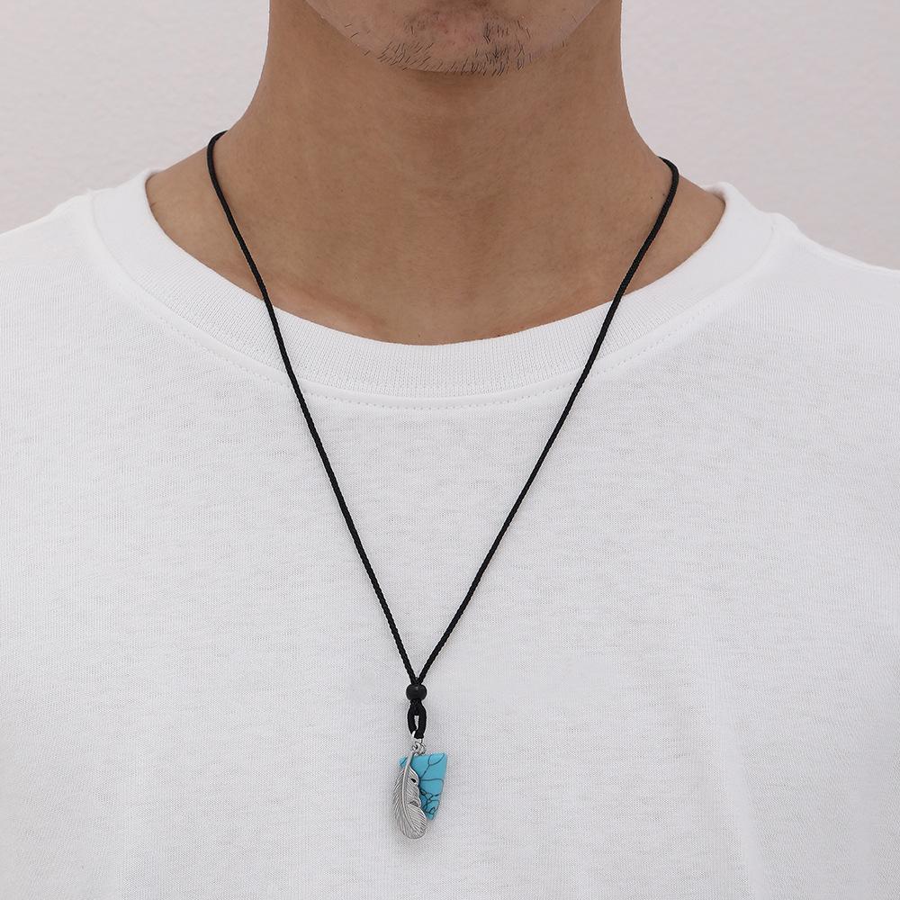 Trendy Men's Black Rope Feather Triangular Sapphire Necklace Art Retro Necklace