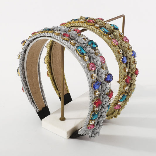 F4636 Light luxury palace retro headband knitted creative color diamond knotted wide-brimmed headband tiktok