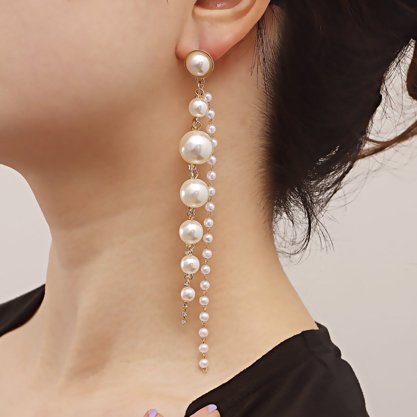 Jewelry ins geometric imitation pearl claw chain tassel earrings female hot girl earrings high-end niche