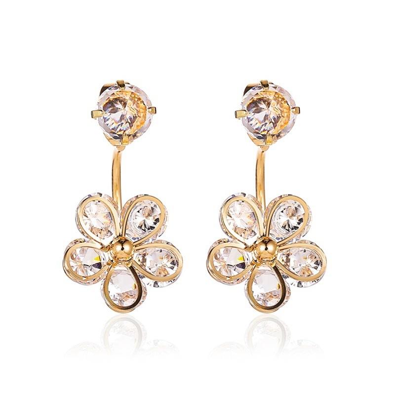 Ins cold five-petal flower back hanging earrings sweet crystal flower earrings net red earrings