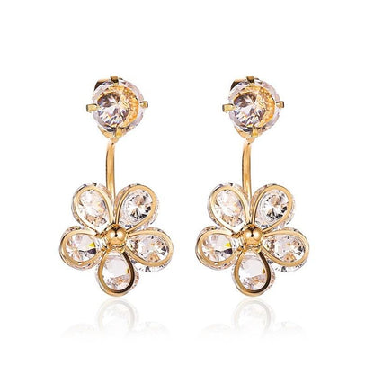 Ins cold five-petal flower back hanging earrings sweet crystal flower earrings net red earrings